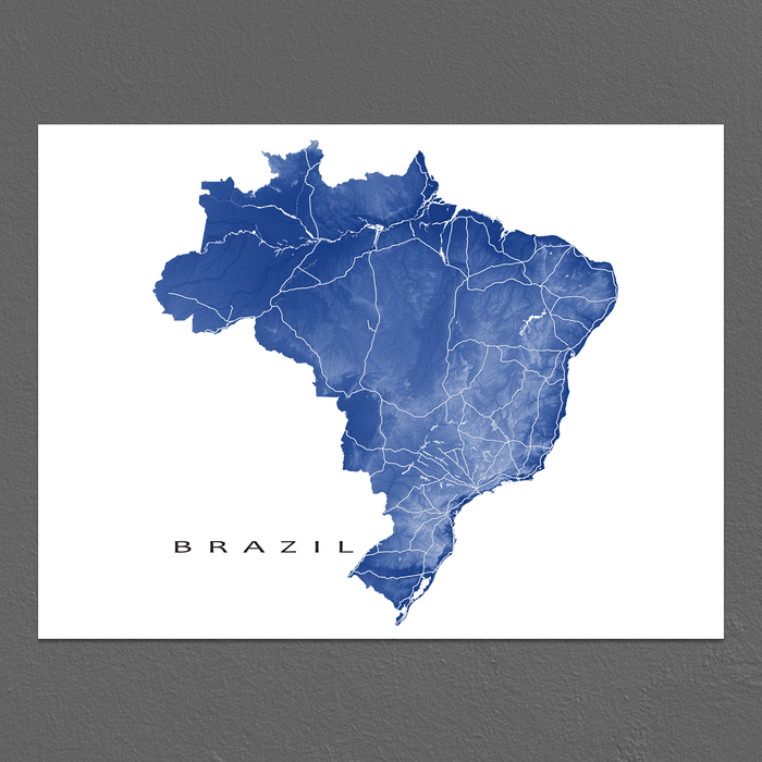 Brazil map print with natural landscape and main roads in Navy designed by Maps As Art.