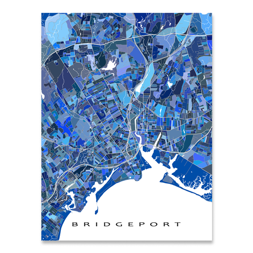 Bridgeport, Connecticut map art print in blue shapes designed by Maps As Art.