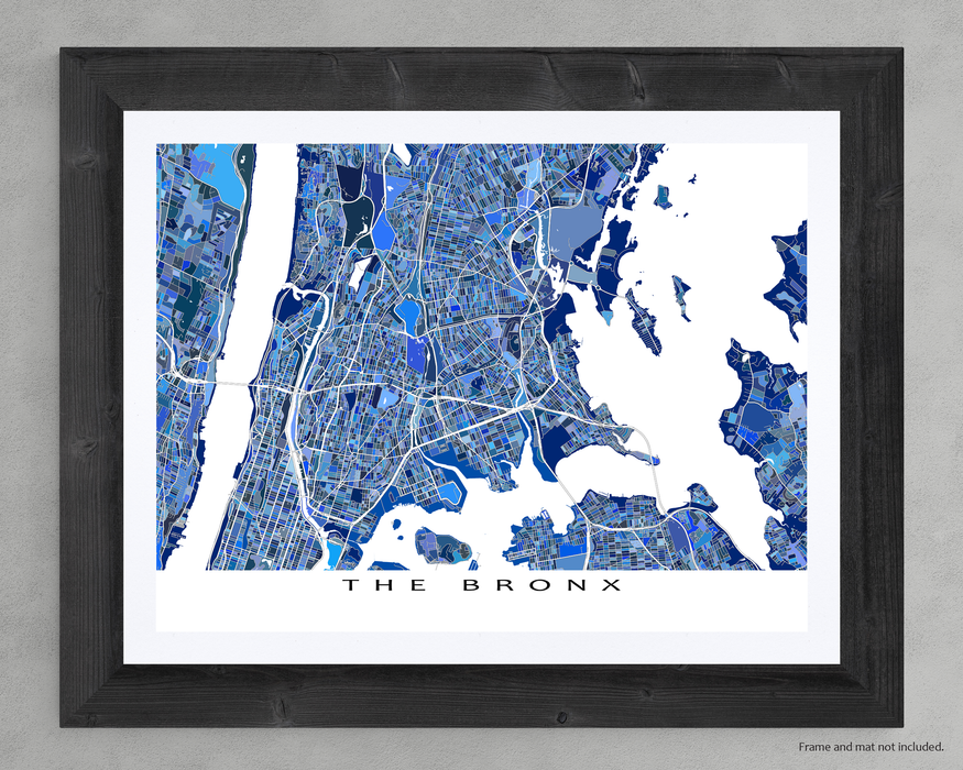 The Bronx, New York City map art print in blue shapes designed by Maps As Art.
