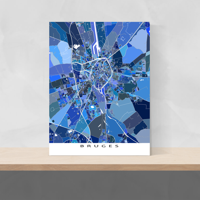 Bruges, Belgium map art print in blue shapes designed by Maps As Art.