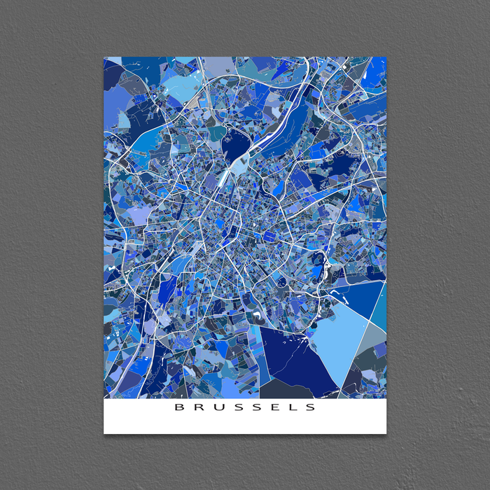 Brussels, Belgium map art print in blue shapes designed by Maps As Art.