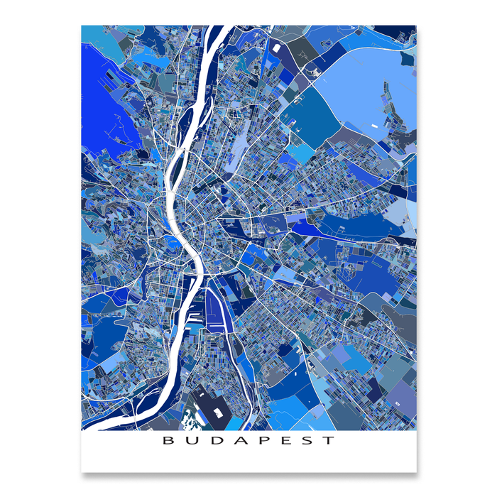 Budapest, Hungary map art print in blue shapes designed by Maps As Art.