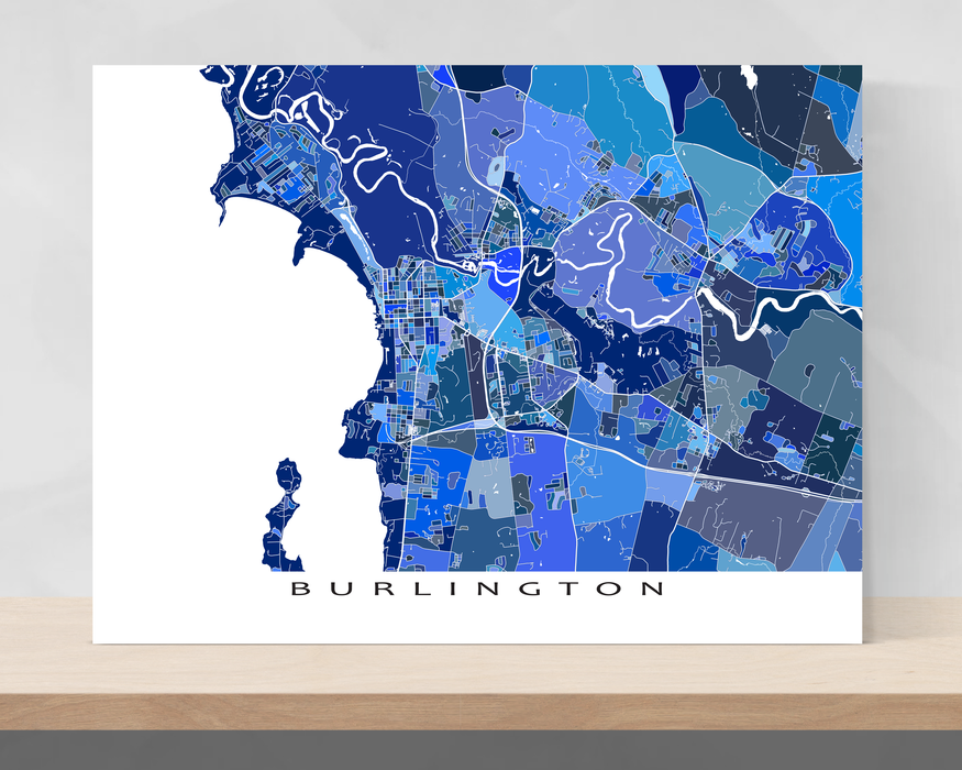 Burlington, Vermont map art print in blue shapes designed by Maps As Art.
