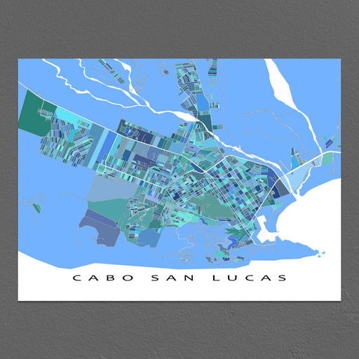 Cabo San Lucas, Mexico map art print in blue, aqua and turquoise shapes designed by Maps As Art.