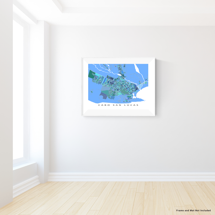Cabo San Lucas, Mexico map art print in blue, aqua and turquoise shapes designed by Maps As Art.