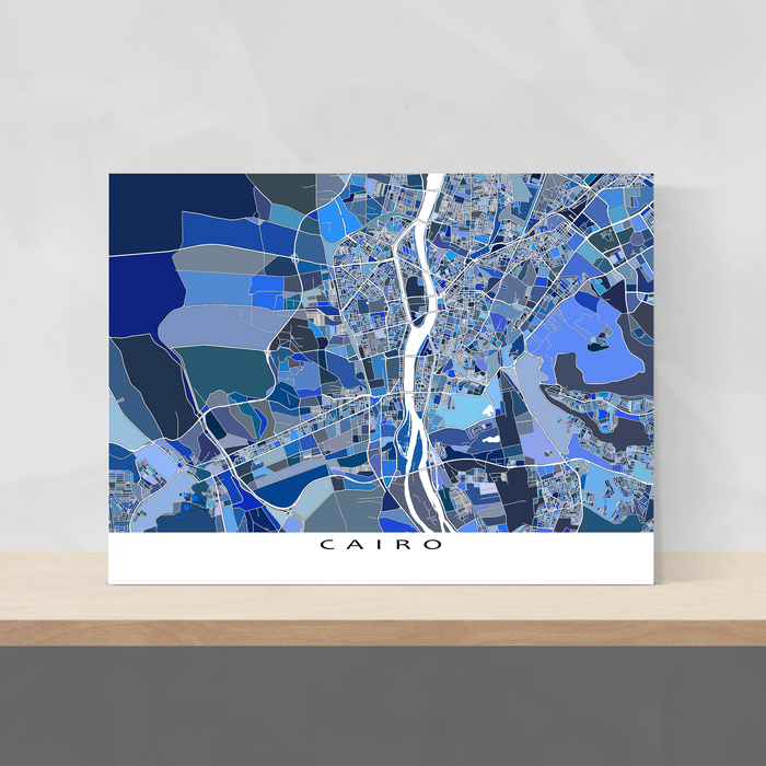 Cairo, Eygpt map art print in blue shapes designed by Maps As Art.