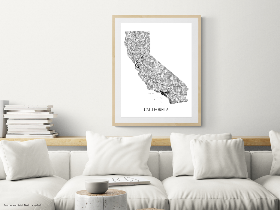 California map print in black and white shapes by Maps As Art.
