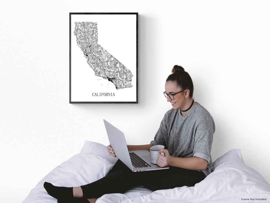 California map print in black and white shapes by Maps As Art.