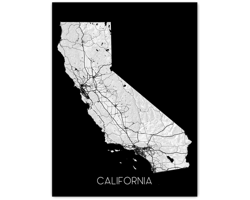 California state map print with a 3D topographic landscape design and colorful background by Maps As Art.