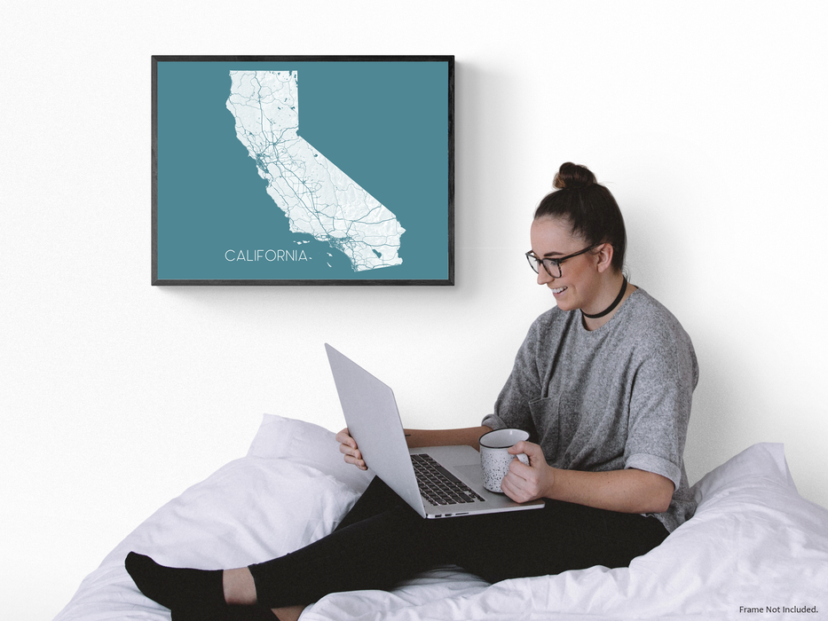 California state map print with a 3D topographic landscape design and colorful background by Maps As Art.