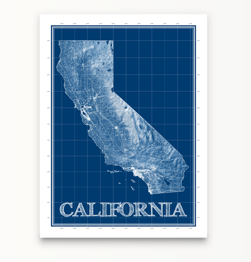 California state blueprint map art print designed by Maps As Art.