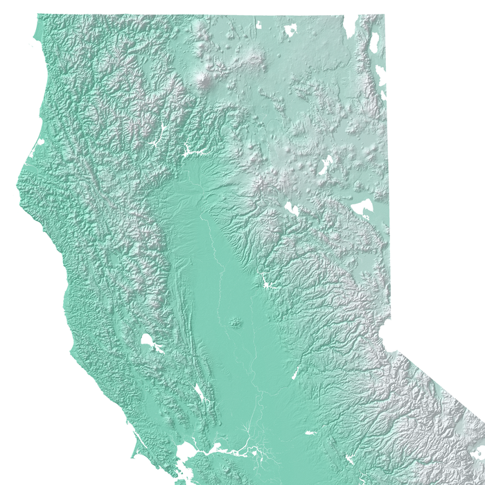 California state map with natural landscape in aqua tints designed by Maps As Art.