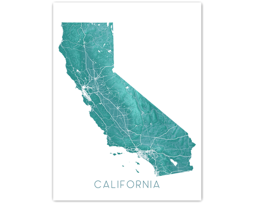 California state map print with a turquoise topographic design by Maps As Art.