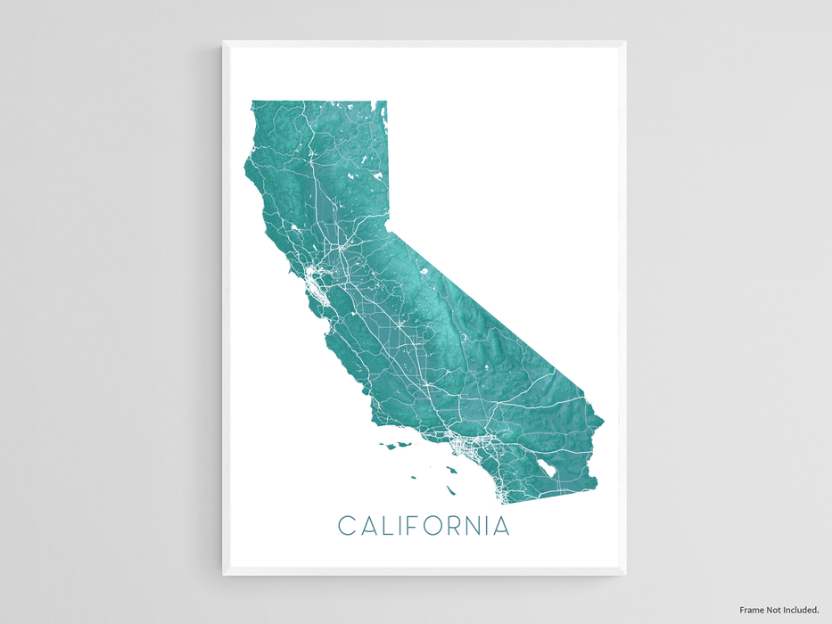 California state map print with a turquoise topographic design by Maps As Art.