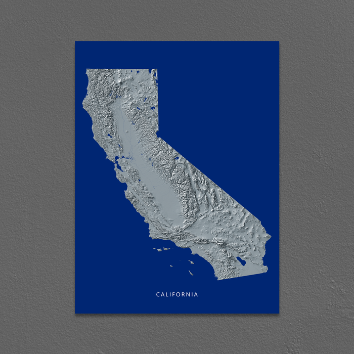 California state map with natural landscape in greyscale and a navy blue background designed by Maps As Art.