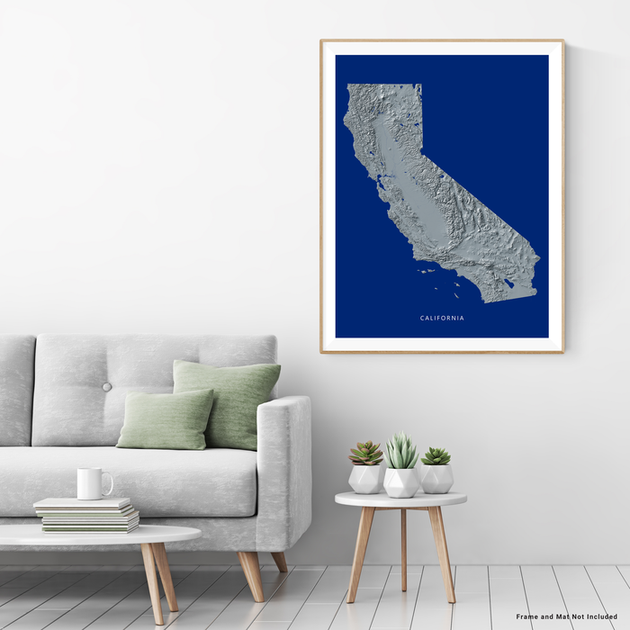California state map with natural landscape in greyscale and a navy blue background designed by Maps As Art.