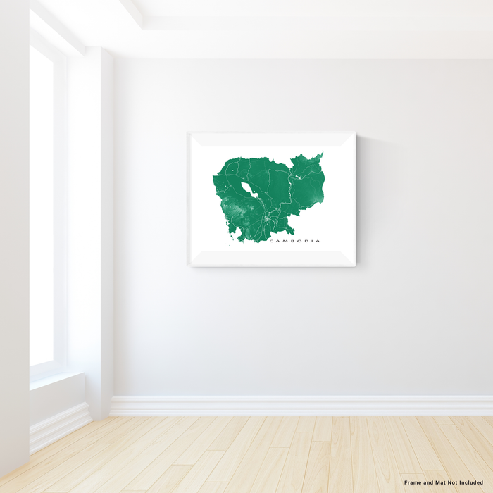 Cambodia map print with natural landscape and main roads in Green designed by Maps As Art.
