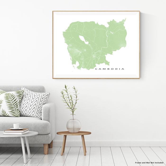 Cambodia map print with natural landscape and main roads in Sage designed by Maps As Art.
