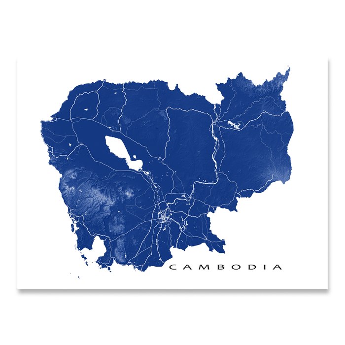 Cambodia map print with natural landscape and main roads in Navy designed by Maps As Art.