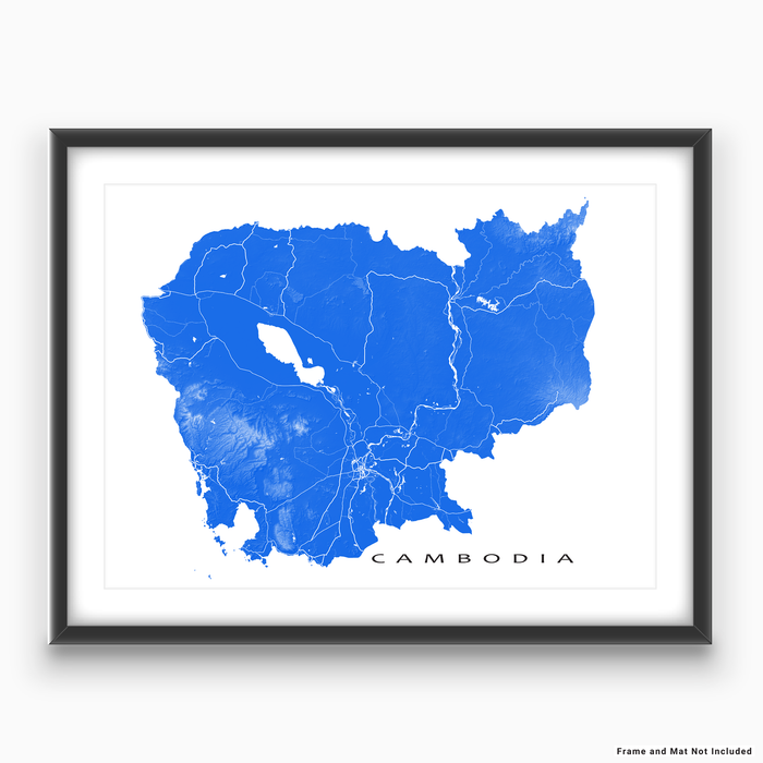 Cambodia map print with natural landscape and main roads in Blue designed by Maps As Art.
