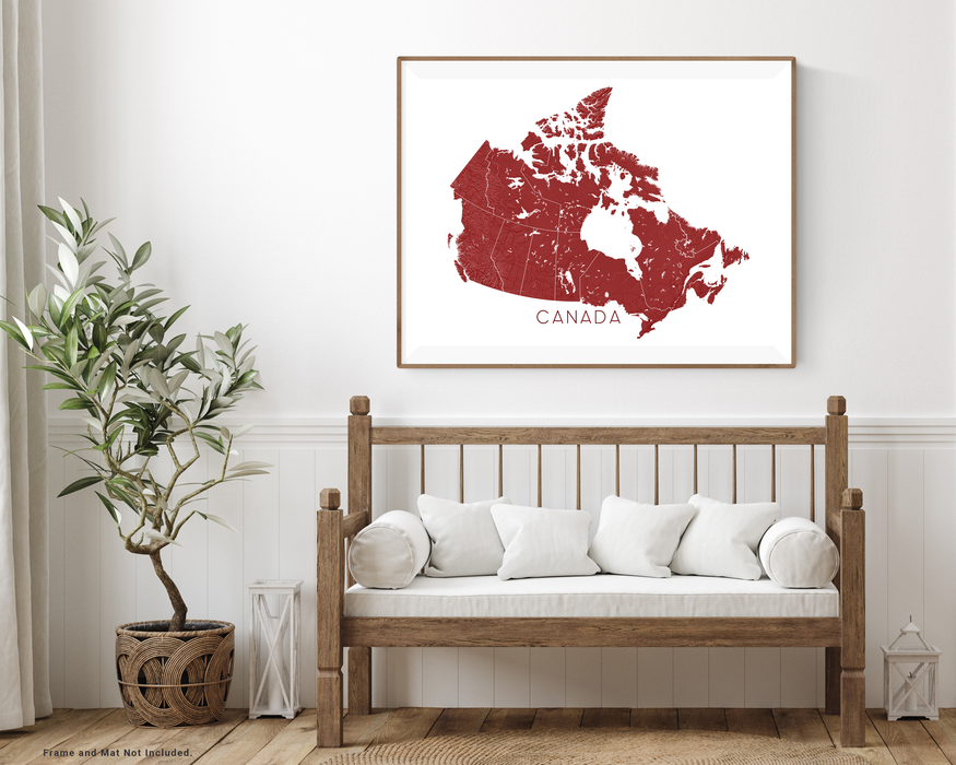Canada map print with wooden bench home decor by Maps As Art.