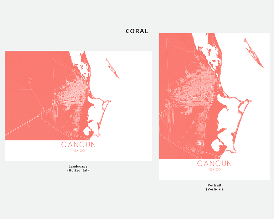 Cancun Mexico map print in Coral by Maps As Art.