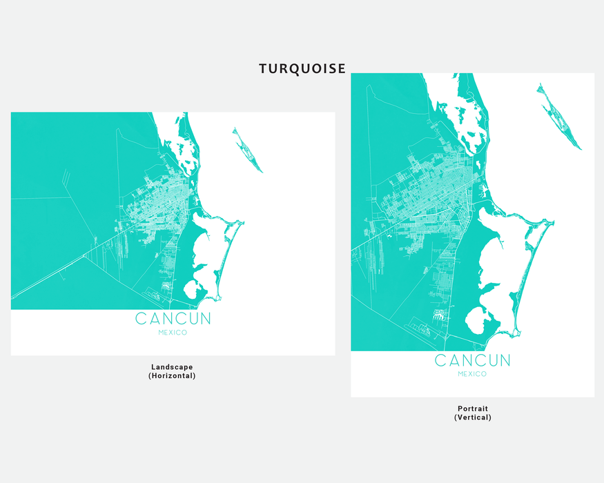 Cancun Mexico map print in Turquoise by Maps As Art.
