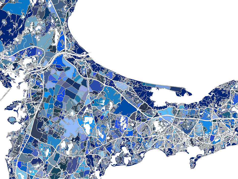Cape Cod, Massachusetts map art print in blue shapes designed by Maps As Art.Cape Cod, Massachusetts map art print in blue shapes designed by Maps As Art.