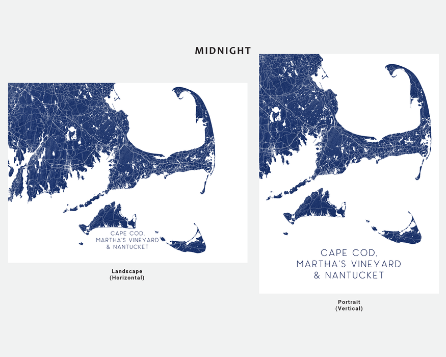 Cape Cod, Martha's Vineyard and Nantucket map print in Midnight by Maps As Art.