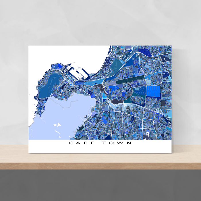 Cape Town, South Africa map art print in blue shapes designed by Maps As Art.