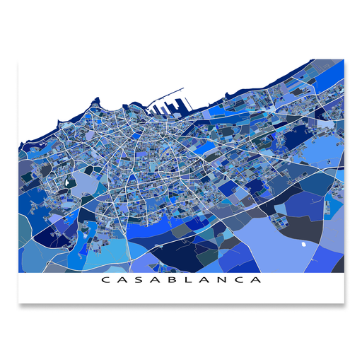 Casablanca, Morocco map art print in blue shapes designed by Maps As Art.