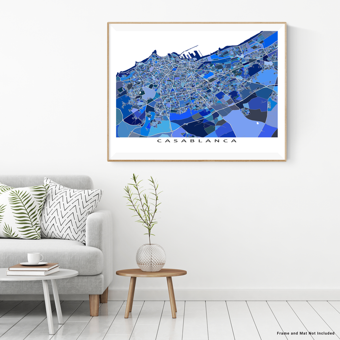 Casablanca, Morocco map art print in blue shapes designed by Maps As Art.