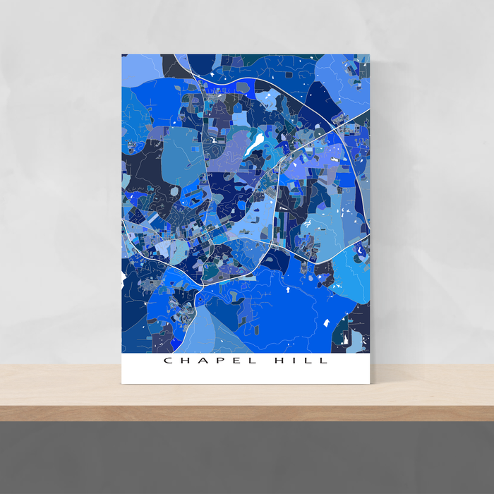 Chapel Hill, North Carolina map art print in blue shapes designed by Maps As Art.