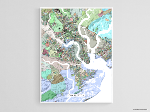 Charleston, South Carolina map art print in colorful shapes designed by Maps As Art.