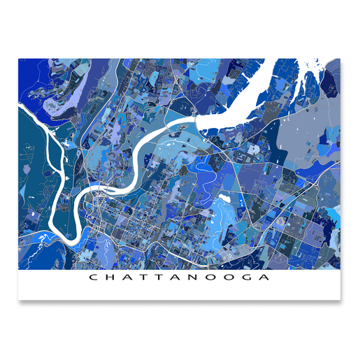 Chattanooga, Tennessee map art print in blue shapes designed by Maps As Art.