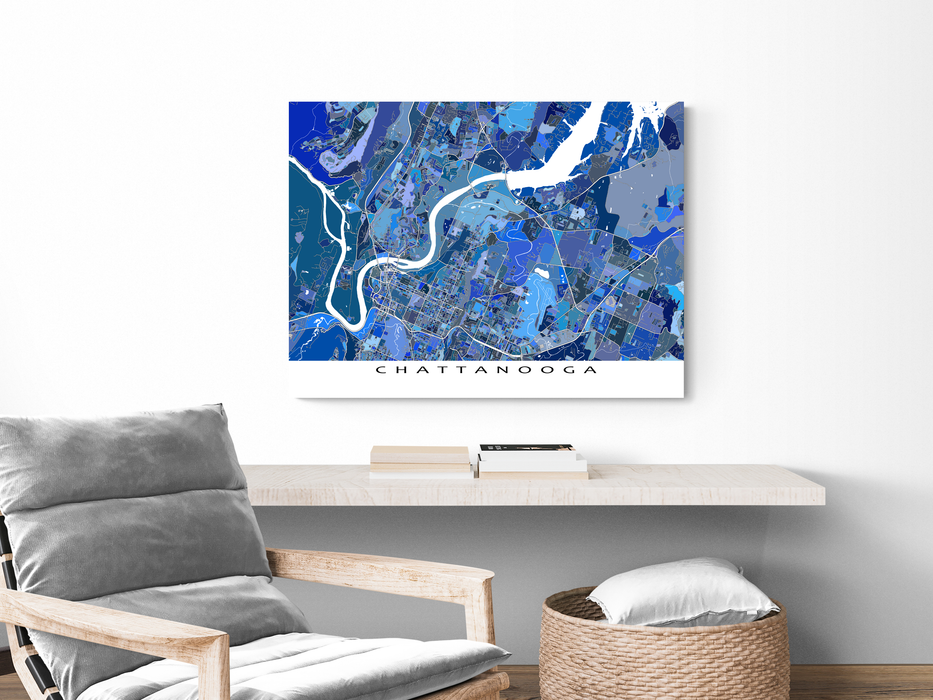 Chattanooga, Tennessee map art print in blue shapes designed by Maps As Art.