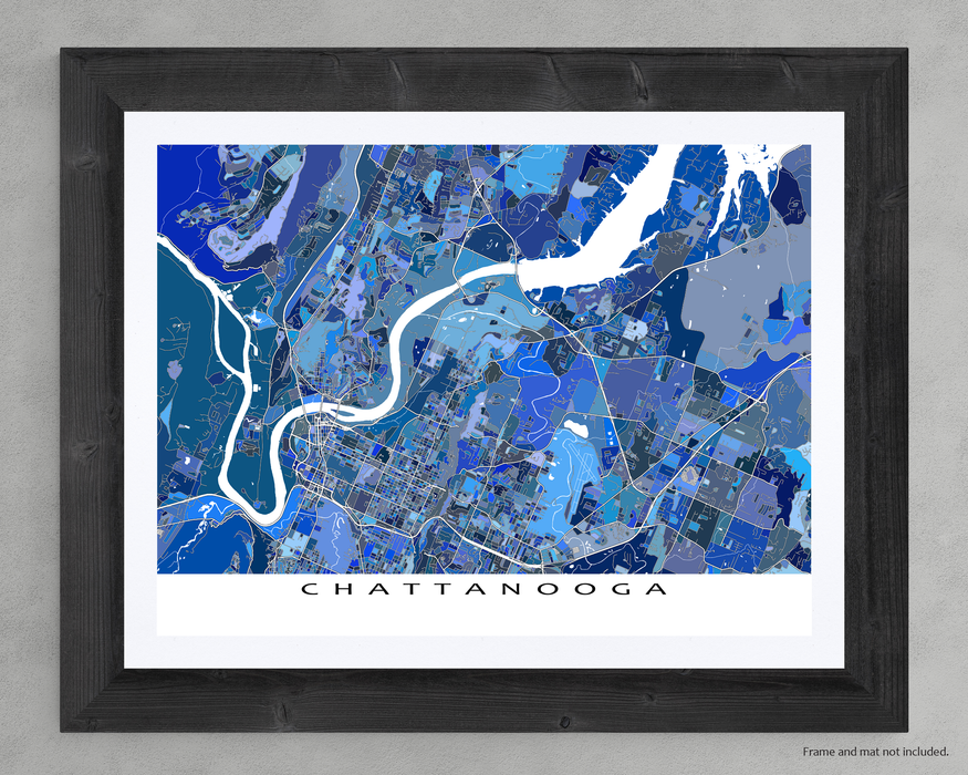 Chattanooga, Tennessee map art print in blue shapes designed by Maps As Art.
