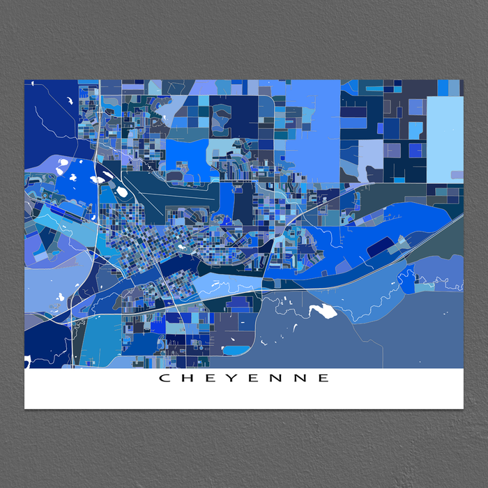 Cheyenne, Wyoming map art print in blue shapes designed by Maps As Art.
