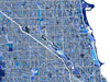 Chicago, Illinois map art print in blue shapes designed by Maps As Art.