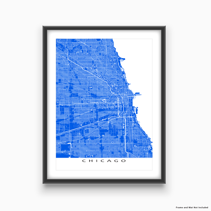 Chicago, Illinois map print with main roads in Blue designed by Maps As Art.