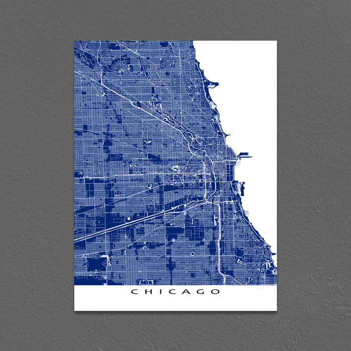 Chicago, Illinois map print with main roads in Navy designed by Maps As Art.