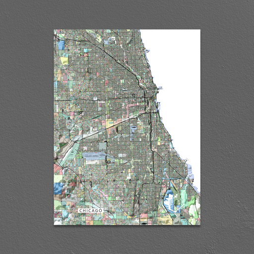 Chicago, Illinois map art print in colorful shapes designed by Maps As Art.