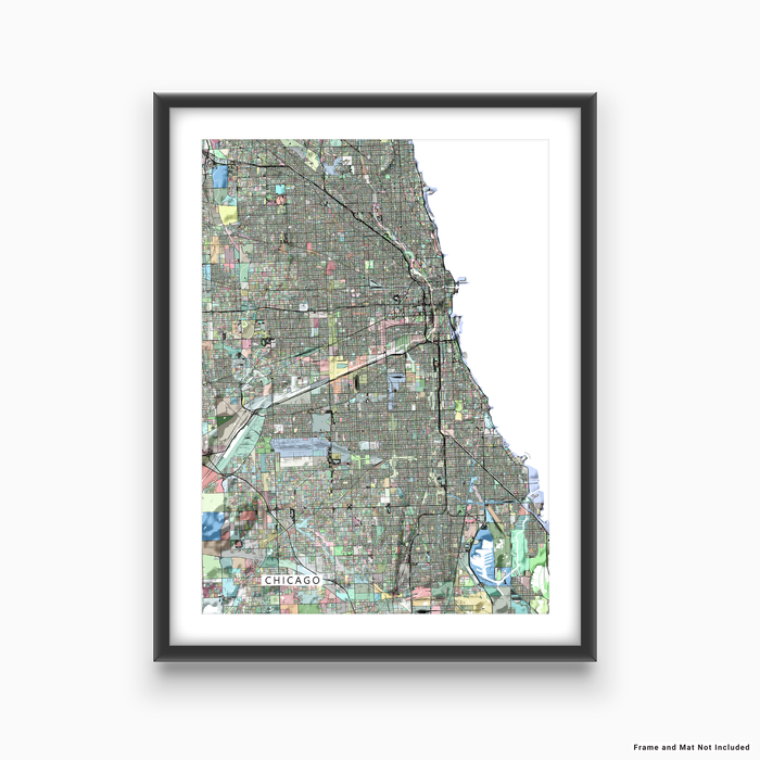 Chicago, Illinois map art print in colorful shapes designed by Maps As Art.