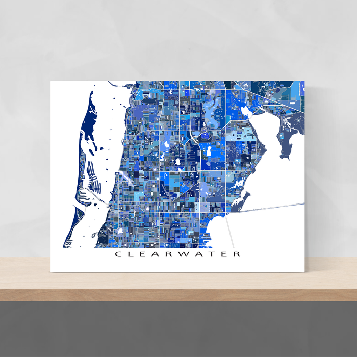 Clearwater, Florida map art print in blue shapes designed by Maps As Art.