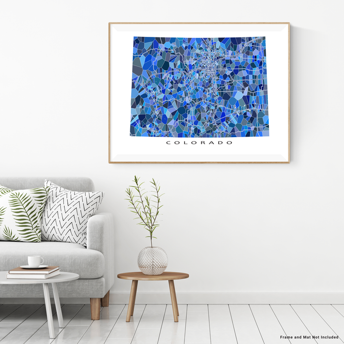 Colorado state map art print in blue shapes designed by Maps As Art.