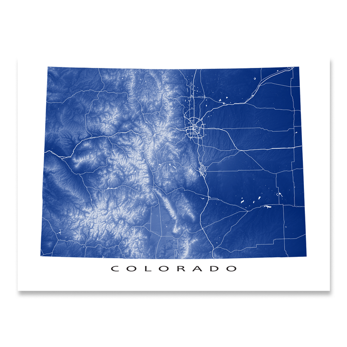 Colorado state map print with natural landscape and main roads in Navy designed by Maps As Art.