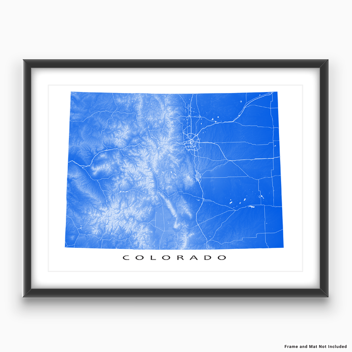 Colorado state map print with natural landscape and main roads in Blue designed by Maps As Art.
