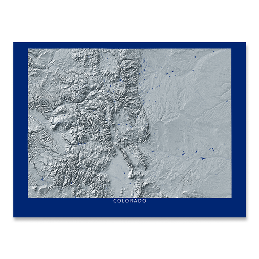 Colorado state map with natural landscape in greyscale and a navy blue background designed by Maps As Art.