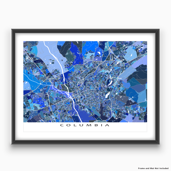 Columbia, South Carolina map art print in blue shapes designed by Maps As Art.