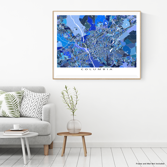 Columbia, South Carolina map art print in blue shapes designed by Maps As Art.